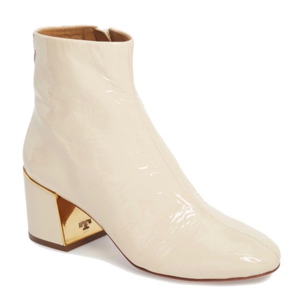 Tory Burch Juliana Beige Patent Leather Block Heel Ankle Boots | Gold Accent | 9